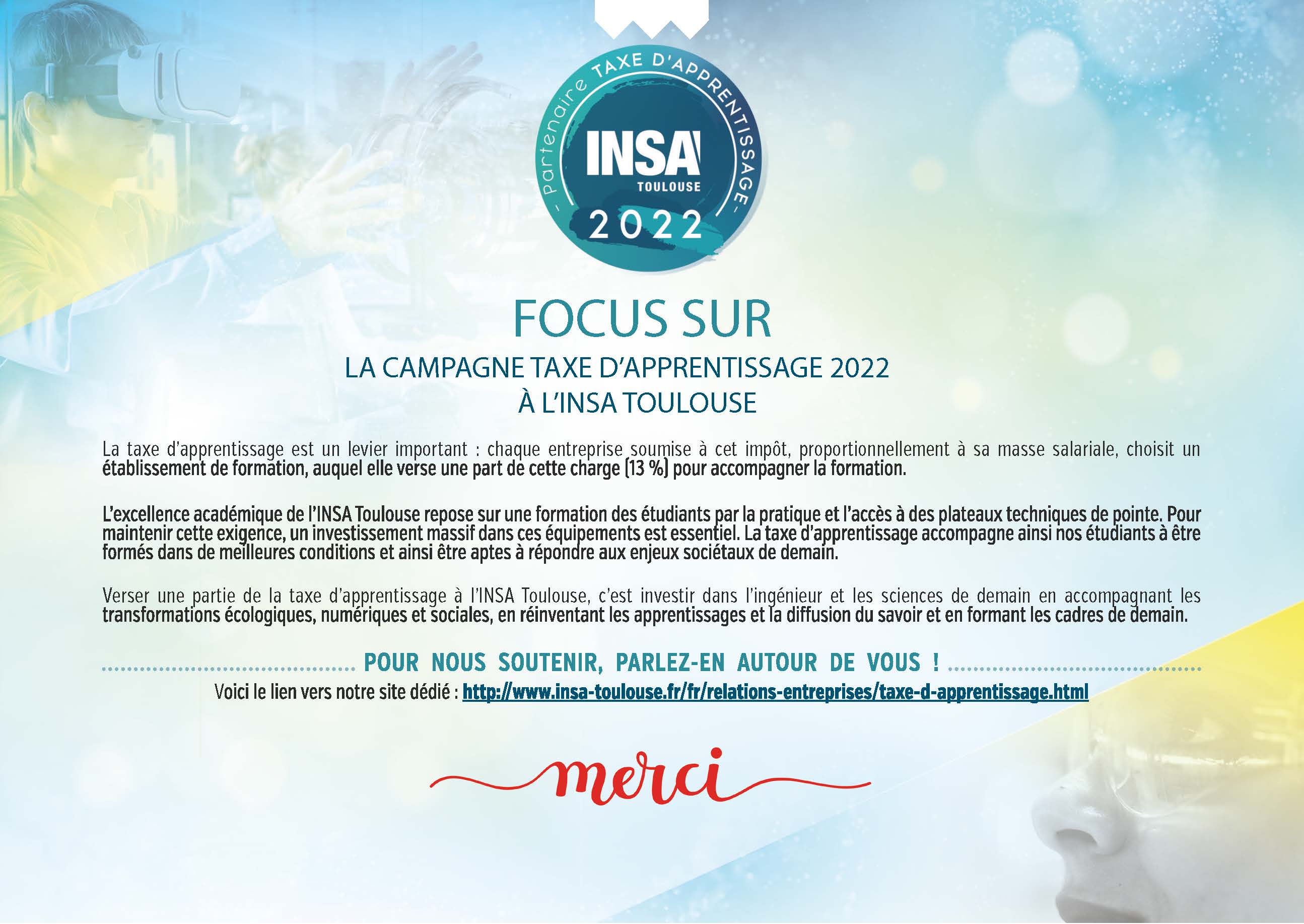 FOCUS SUR la campagne Taxe d'apprentissage 2022 à l'INSA TOULOUSE.